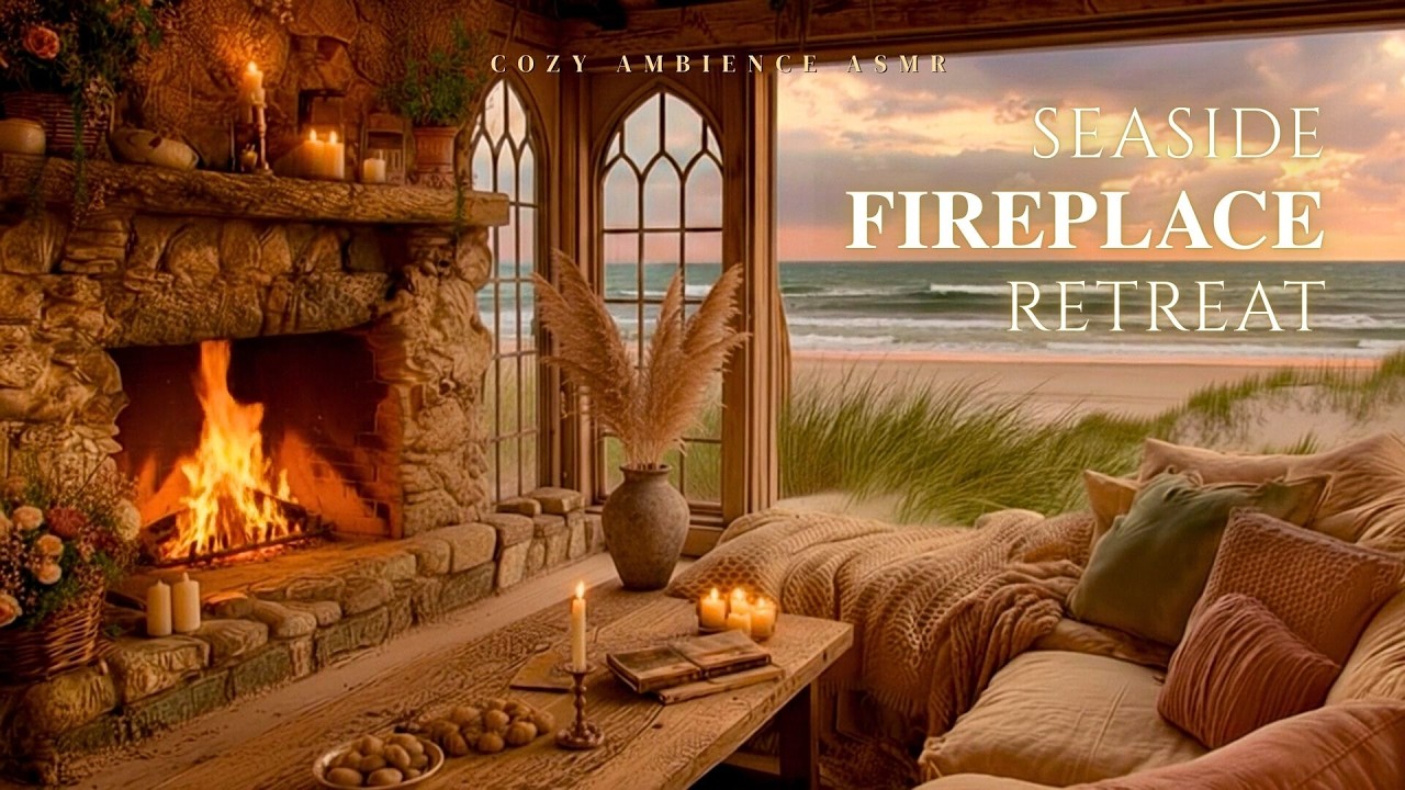 Seaside Fireplace Retreat 🌊🔥 Ocean Waves & Cozy Cabin Ambience for Sleep, Study and Relax