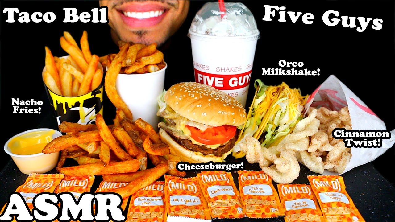 TACO BELL VS FIVE GUYS MUKBANG CHEESEBURGER NACHO CHEESE FRIES CINNAMON TWIST JERRY EATING SHOW