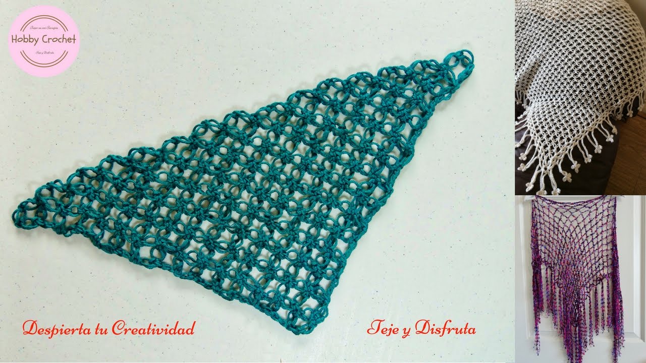 Chal o pareo triangular a crochet, en punto o nudo Salomon (espuma de mar).