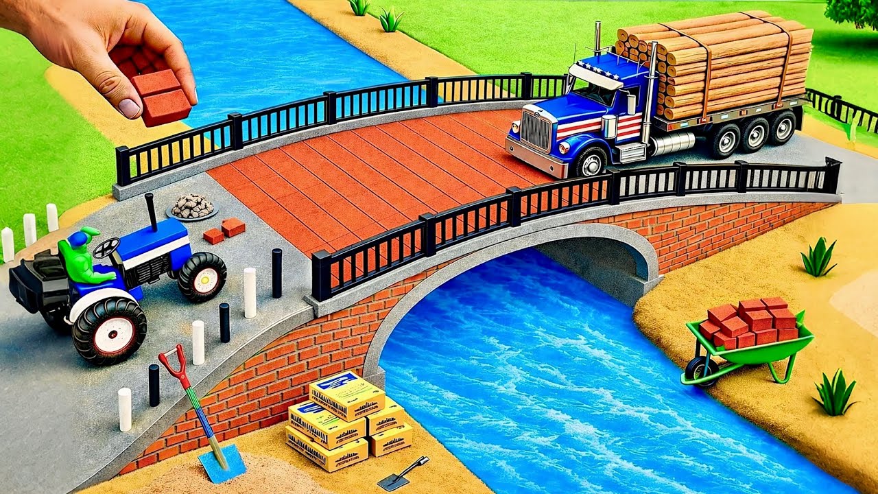 DIY Mini Truck Builds Brick & Metal Railing Bridge | Fun Construction Science Project