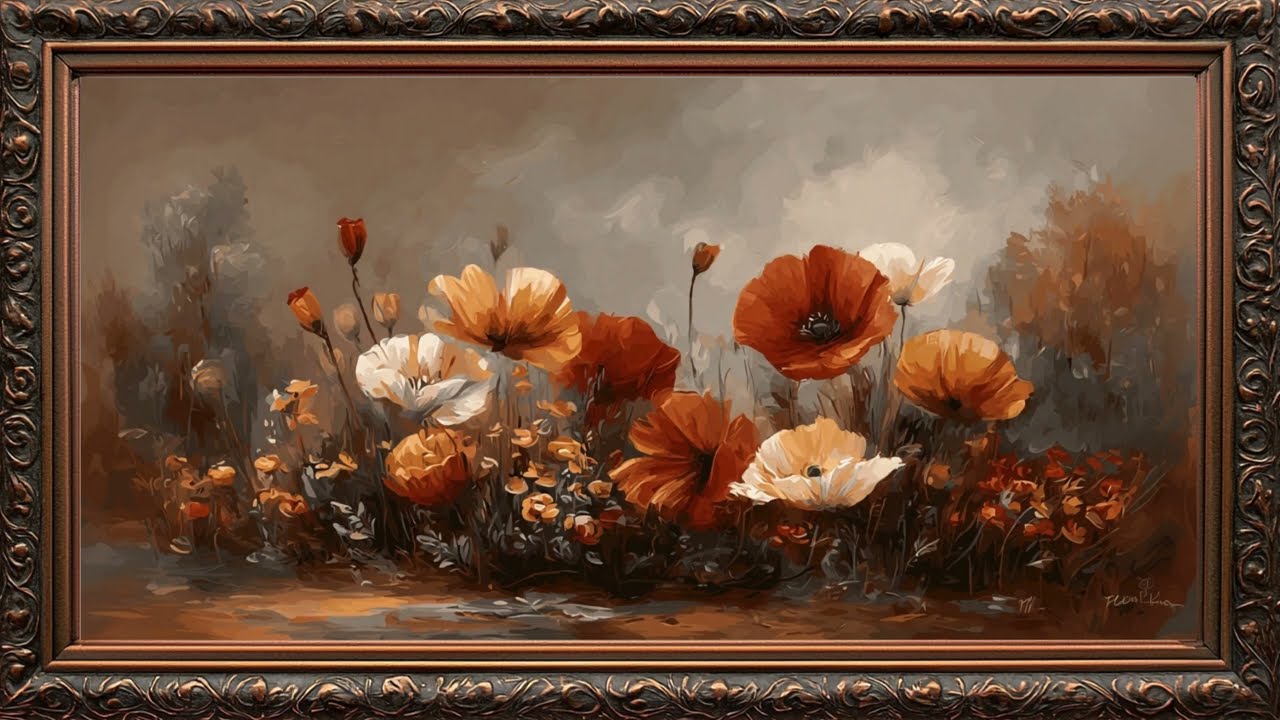 Moody Autumn flowers Painting Samsung frame tv art | Frame TV ART | Golden Framed Art 4k wallpaper