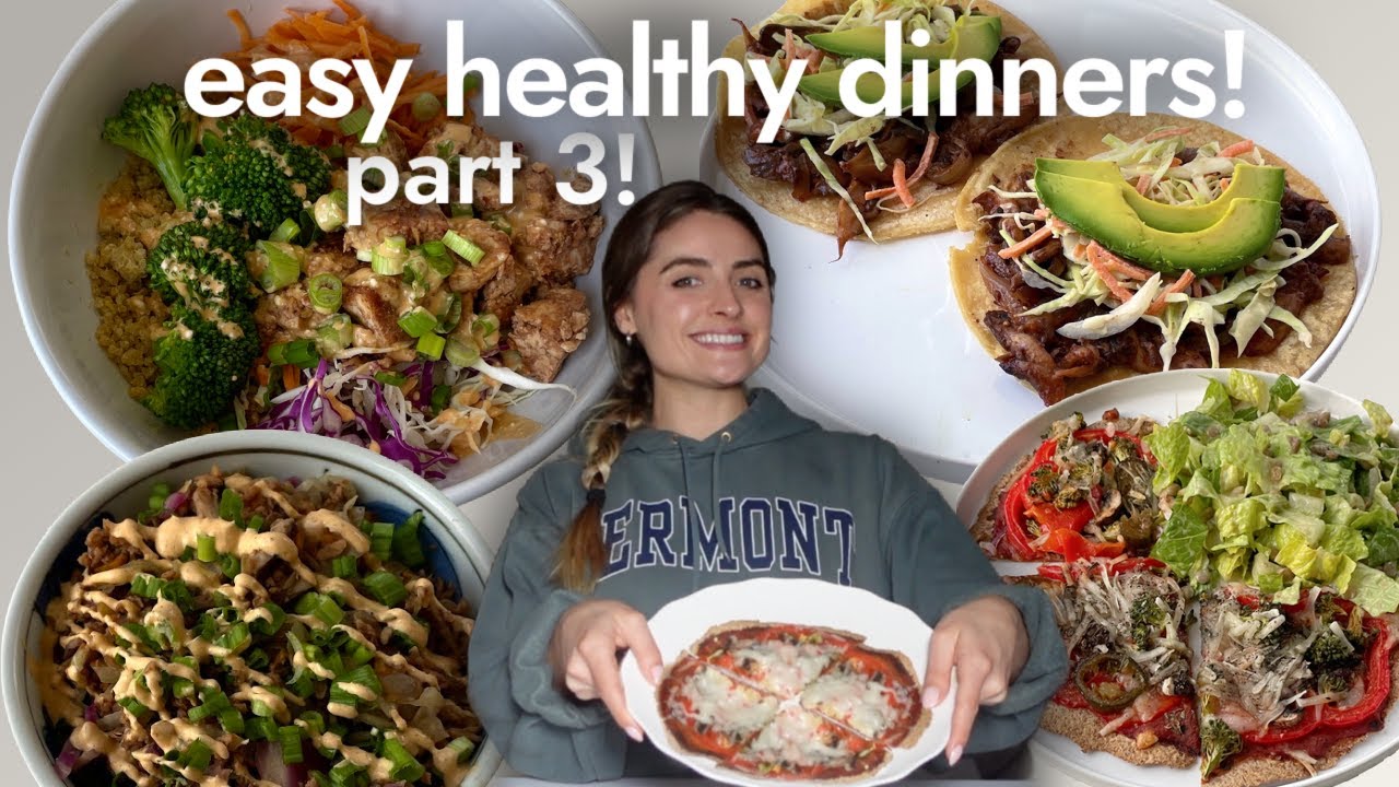 WEEK OF EASY HEALTHY DINNERS Part 3! BBQ Tacos, Egg Roll Bowl, Peanut Tofu, My Fav Salad and Pizza!
