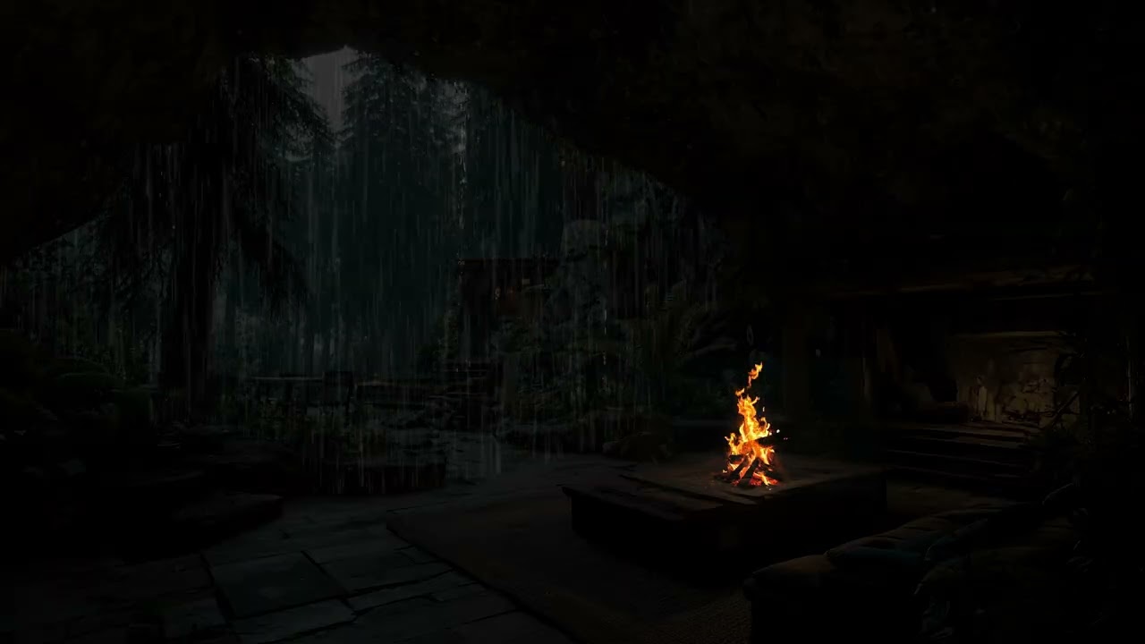 Dark Midnight Forest Scene for Relaxation and Deep Rest | Cozy Fire Ambience Calm Nature Sounds