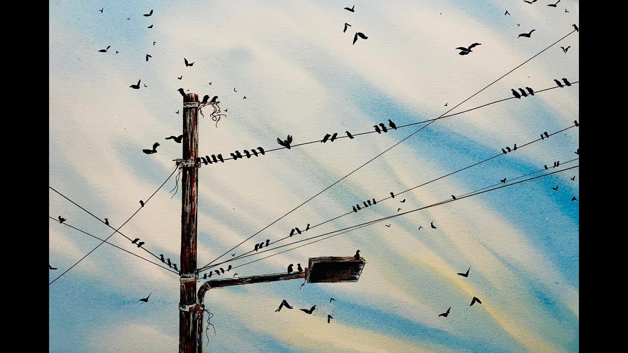 Птицы на проводе. Атмосферное небо Моргейн. Акварельная живопись. Демонстрация прекрасного акваре...