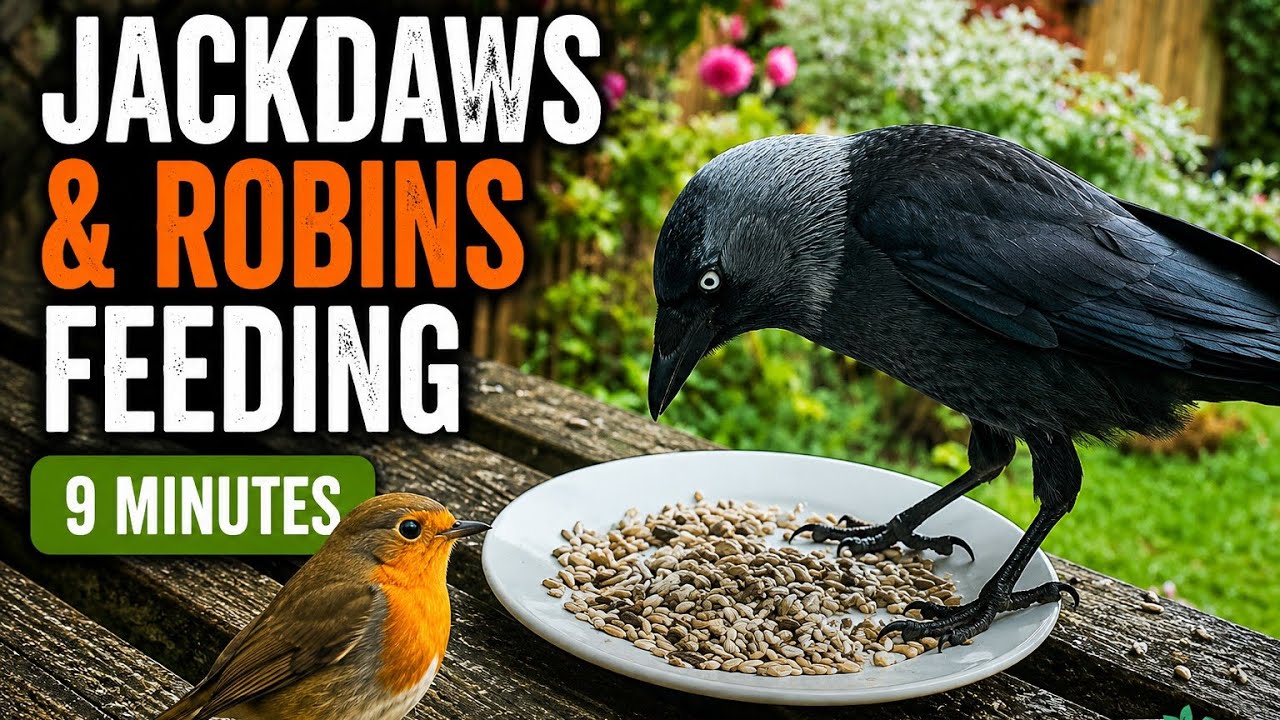 Jackdaws and Robins Feeding at the Garden Feeding Station - 9 Minutes Relaxing Garden Birdwatching 