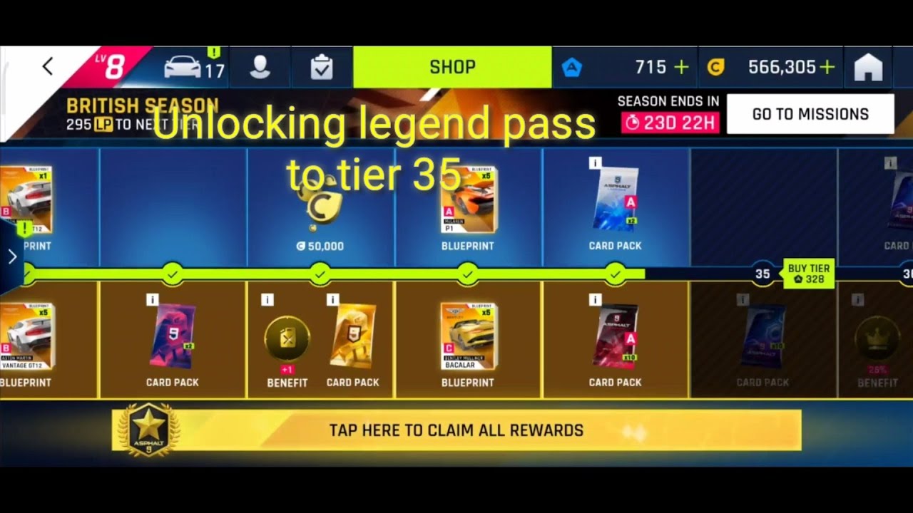 Asphalt 9 . Purchasing legend pass and unlocking upto tier 35.