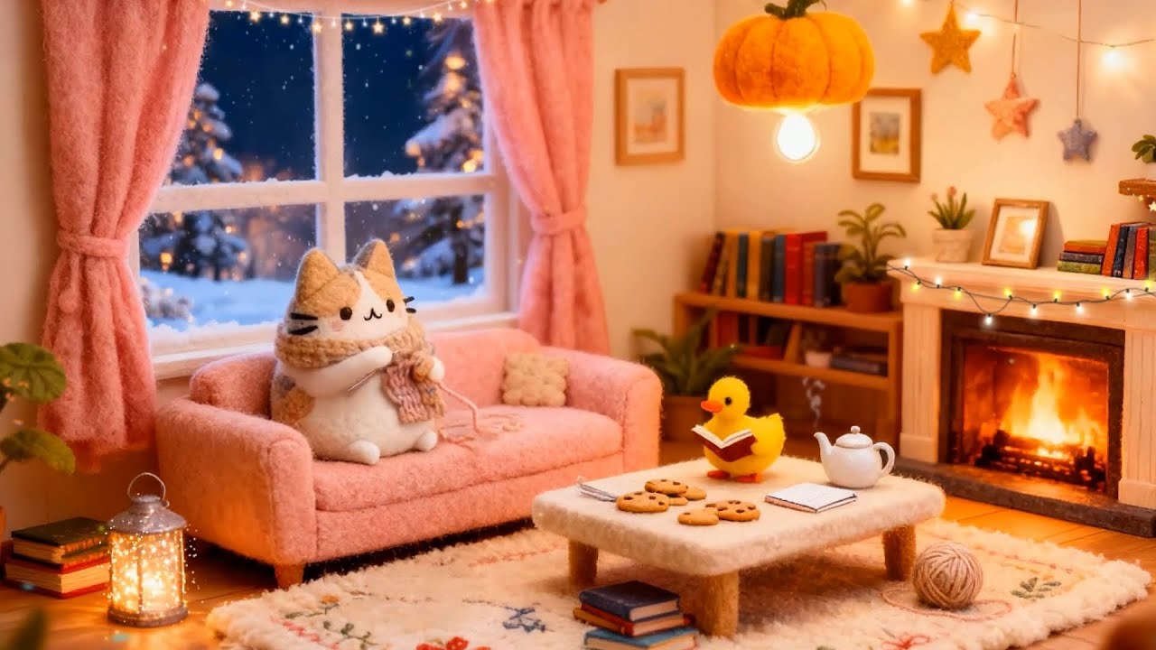 Cozy Pink Winter Living Room 🌸 Relaxing Jazz Lofi for Stress Relief