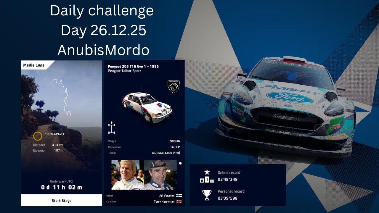 WRC 10; Daily challenge; 3:10:888; anniwersary race; Peugeot 205 T16 Evo 1 - 1985; Media Luna