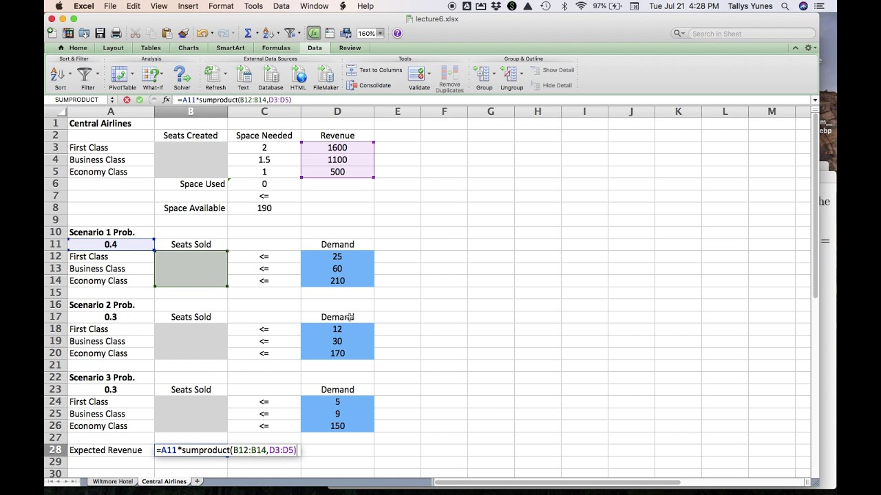 Two-Stage Stochastic Optimization in Excel: An Airline Yield Management Example