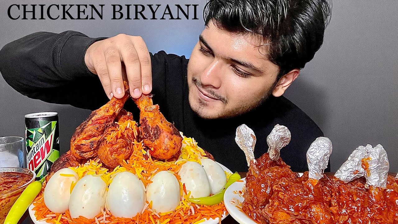SPICY* CHICKEN BIRYANI WITH SPICY TANDOORI LEG PIECE AND EGGS, CHICKEN LOLLIPOP | BIG BITES |MUKBANG