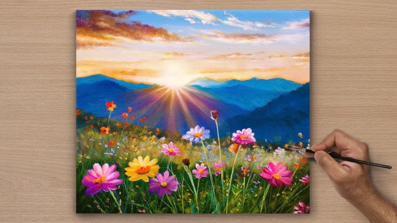 Sweet Morning Scenary with Beautiful flowers / Acrylic Paintings / Art paintings