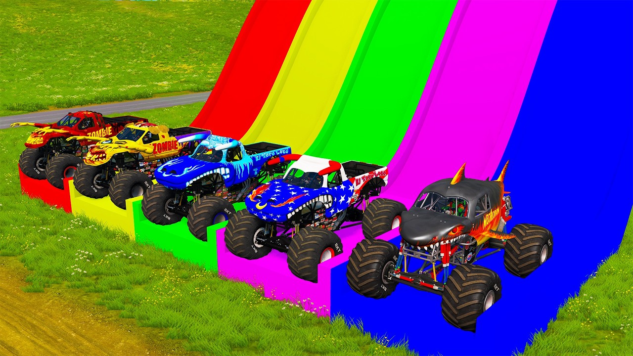 Double Flatbed Trailer Monster Trucks Transport with Slide Color - Cars vs Speed bump - BeamNG #116