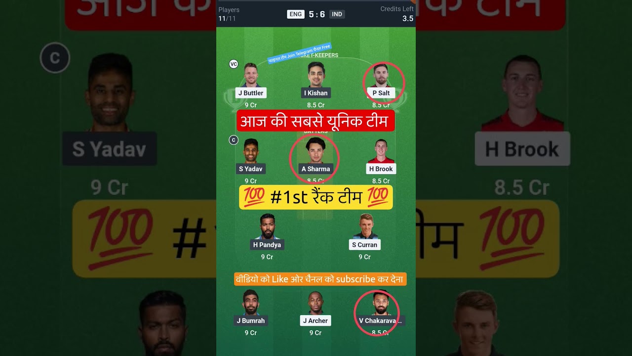 ENG VS IND T20 Dream11 Prediction | ENG VS IND Dream11 Team Of Today Match | ENG VS IND dream11