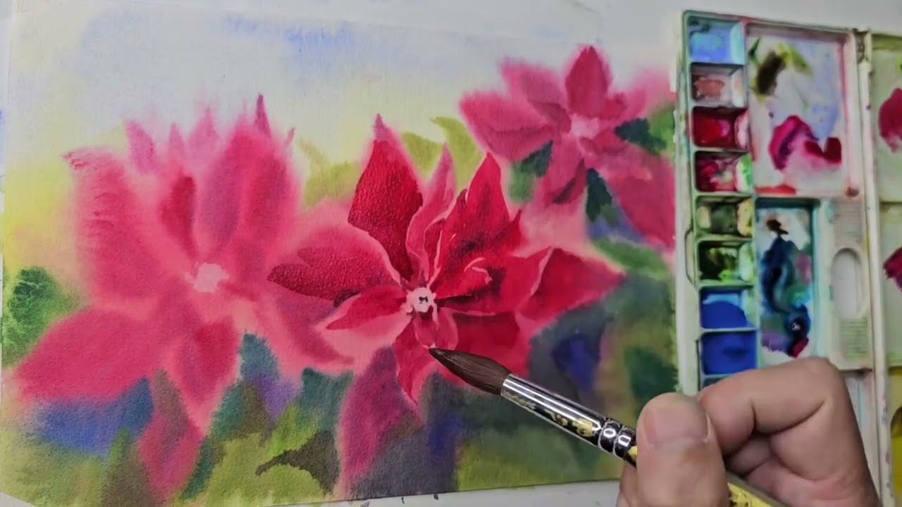 How to paint poinsettia with watercolor 如何用水彩畫聖誕紅
