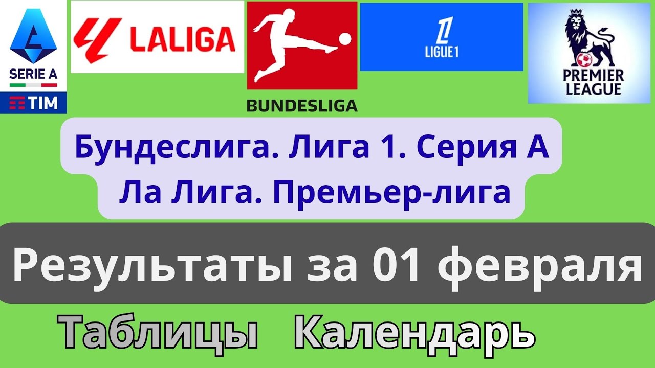 Премьер-лига. Ла Лига. Серия А. Лига 1. Бундеслига. Результаты за 01 февраля. Таблицы. Календарь