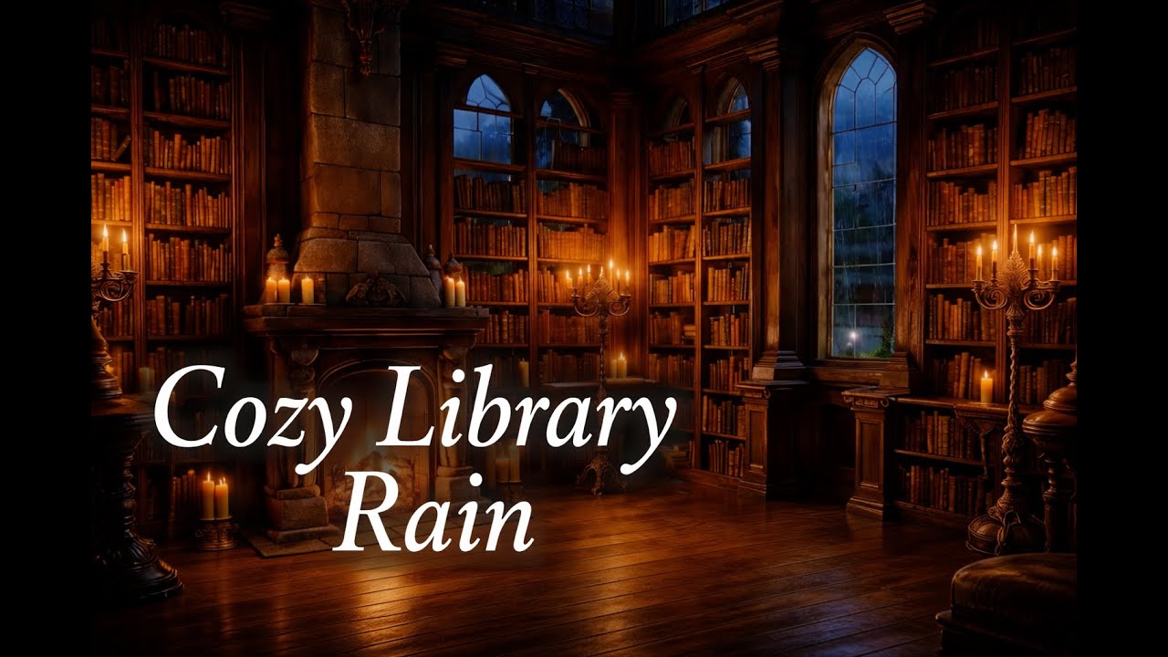 Cozy Library Rain 🌧️ Fireplace Sounds for Deep Sleep (8 Hours)
