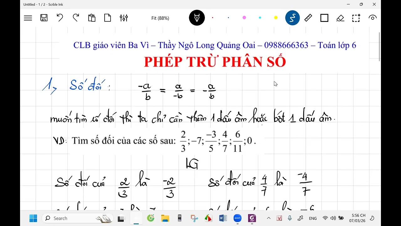 Toán lớp 6: Trừ phân số