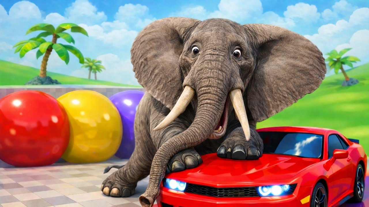 Animal Slide Game | Giant Elephant Rides a Red Car 😲🚗 | Funny Animals Cartoon
