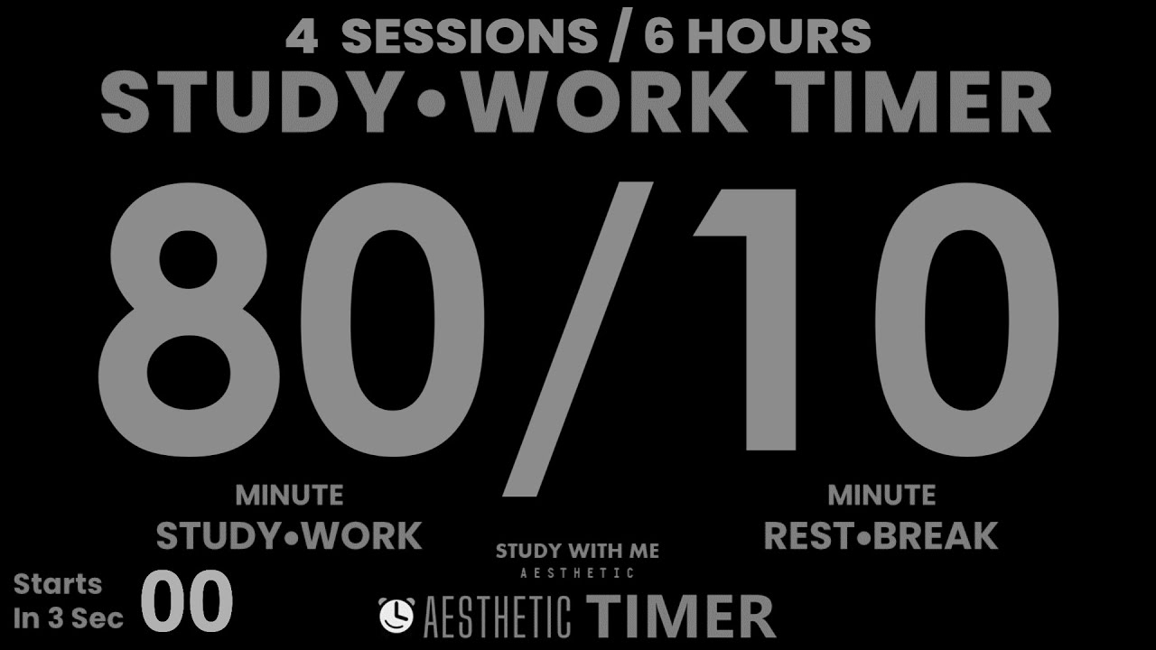 DARK Mode, Pomodoro 80/10 Study Timer, No Music, Minimalist Design, 4 Sets, 80 Minute Study Timer