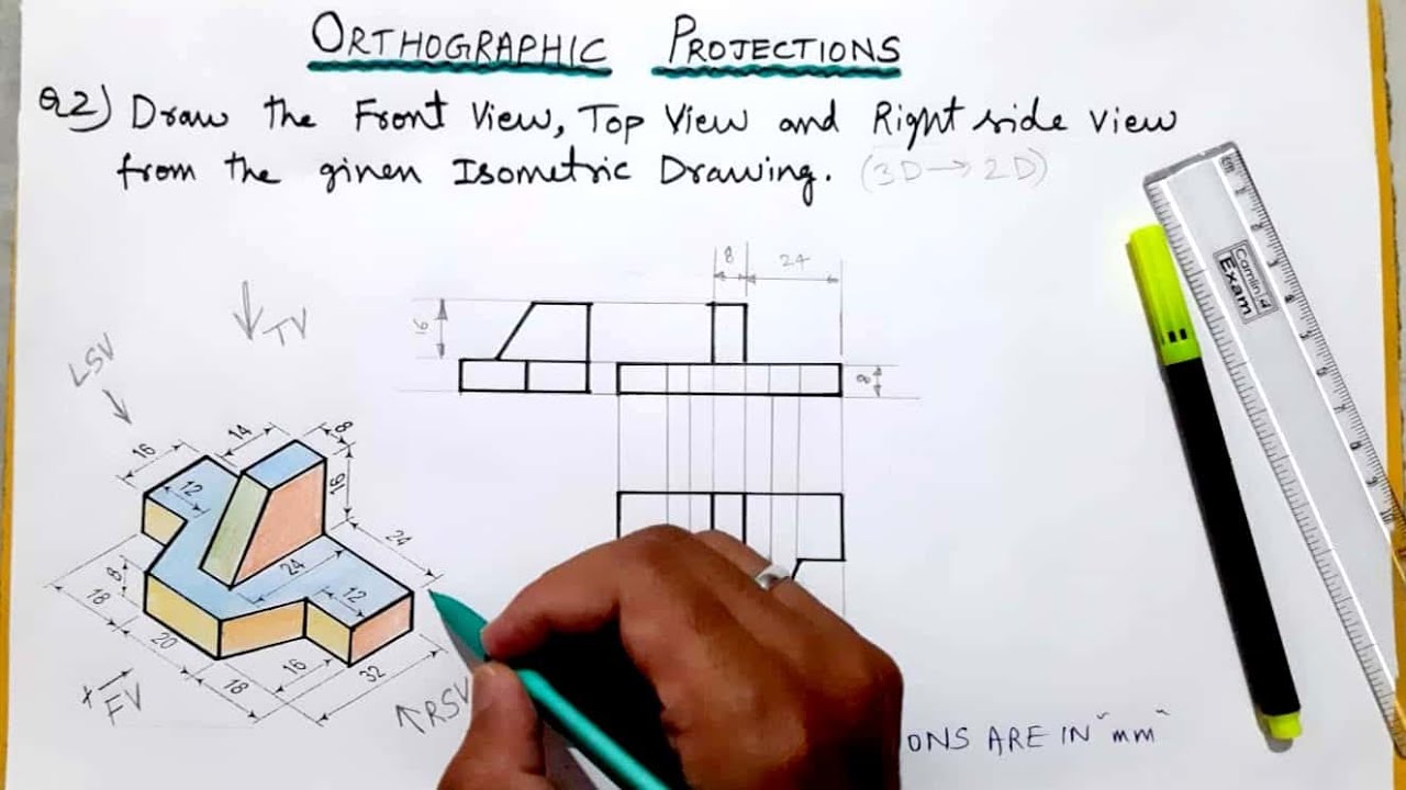 Orthographic Projection | Conversion of Views | Isometric to Orthographic Projection Question No. 2