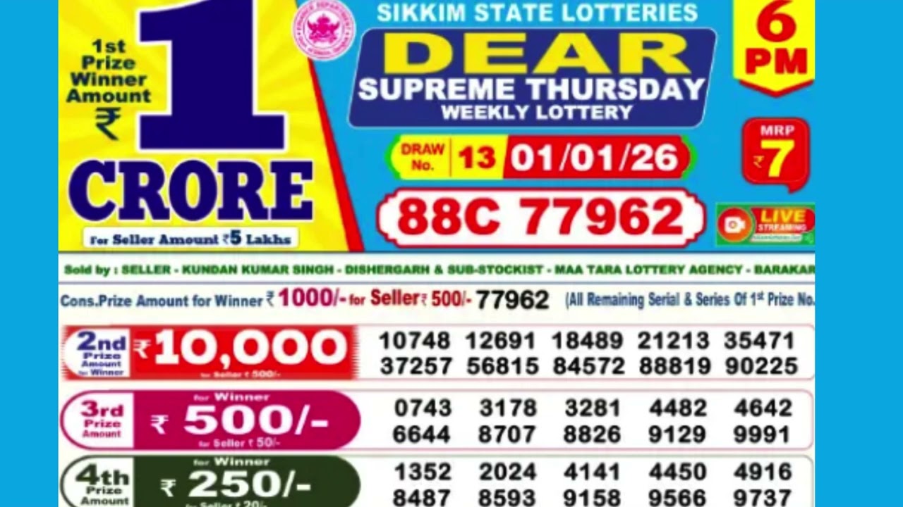 DEAR SUPREME THURSDAY WEEKLY LOTTERY TODAY RESULT 6 PM 01/01/25#latest lottery result