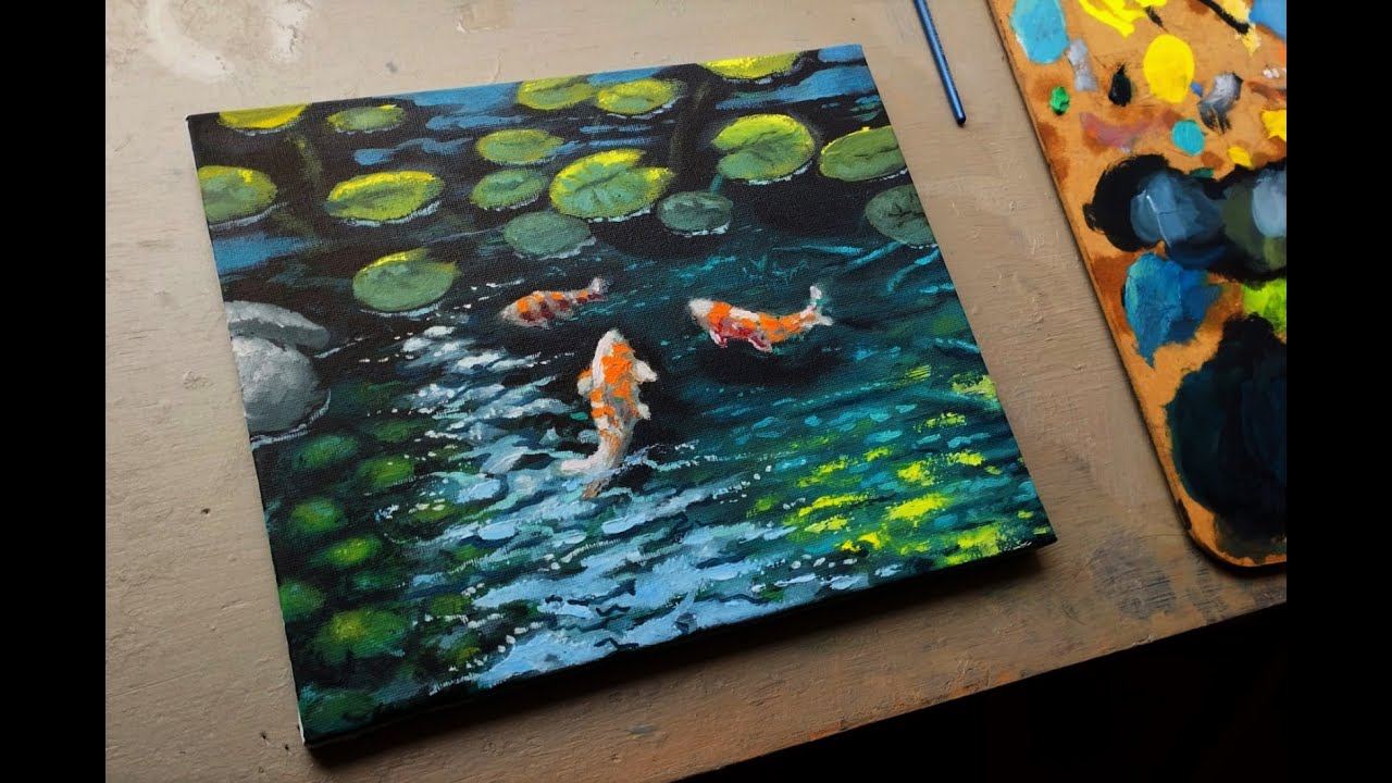 Koi fish pond - oil painting - Angel Art - Step by step tutorial