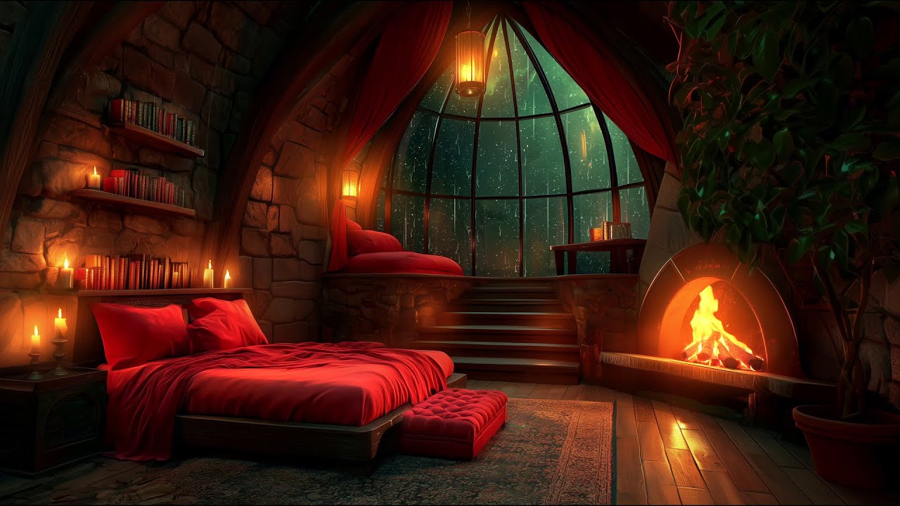 Stormy Night & Rain and Crackling Fireplace | Secret Castle Bedroom Ambience To Sleep Easily