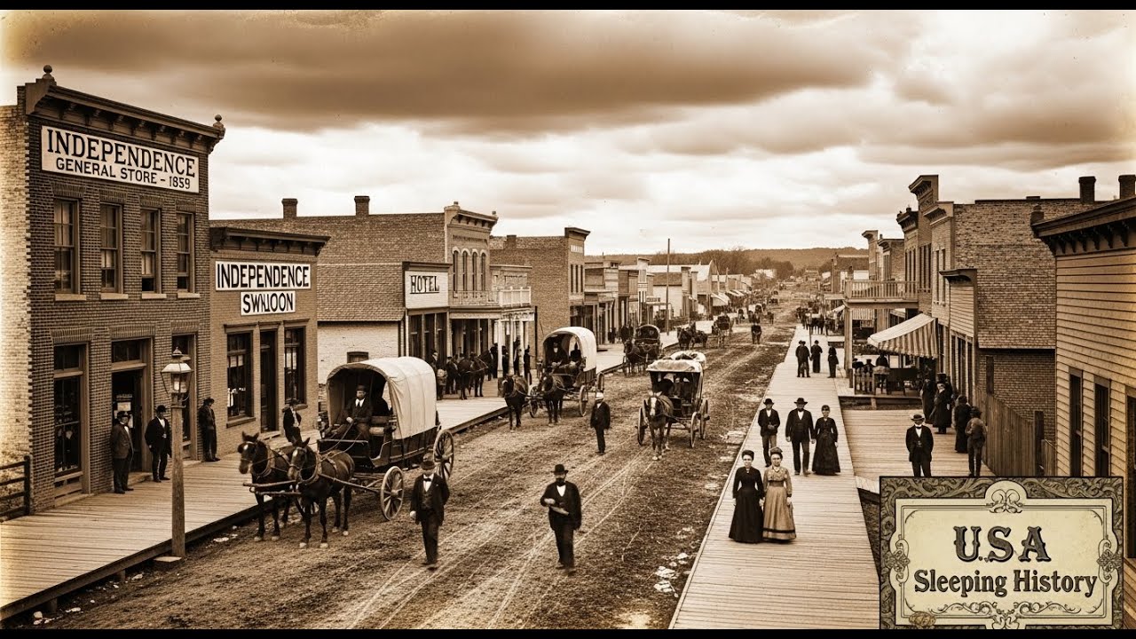 An establishing shot of a bustling 1859 Independence, Missouri / USA Sleeping History