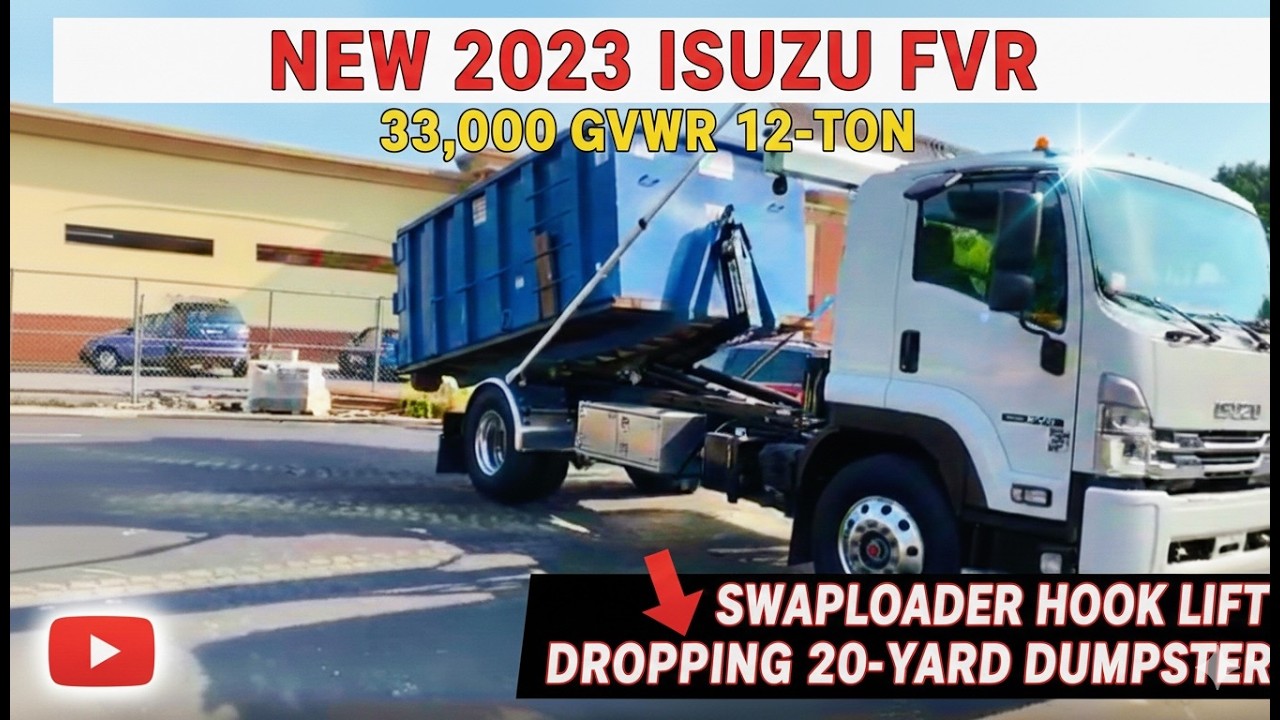 New 2023 Isuzu FVR 33,000 GVWR 12-ton Swaploader Hook Lift Dropping a 20 Yard Dumpster off at Site
