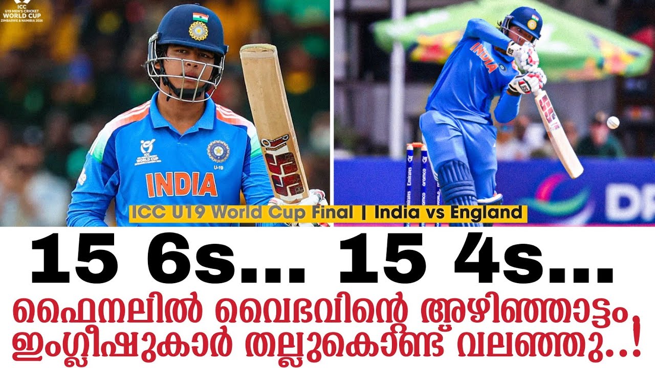 15 സിക്സറുകളും 15 ഫോറും..!ഫൈനലിൽ വൈഭവിൻ്റെ അഴിഞ്ഞാട്ടം, ഇംഗ്ലീഷുകാർ തല്ലുകൊണ്ട് വലഞ്ഞു..!