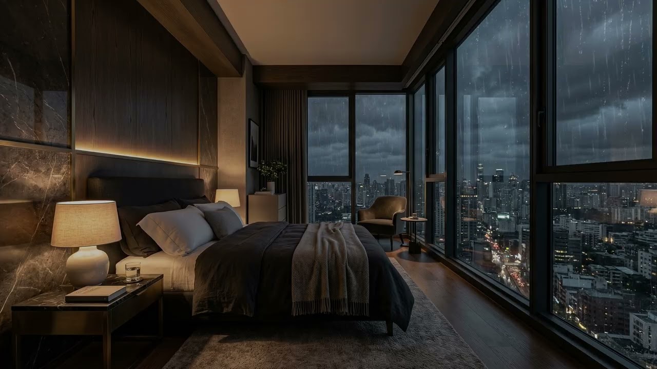 Endless Urban Rain Drifting Between Skyscrapers Below A Silent Window Retreat