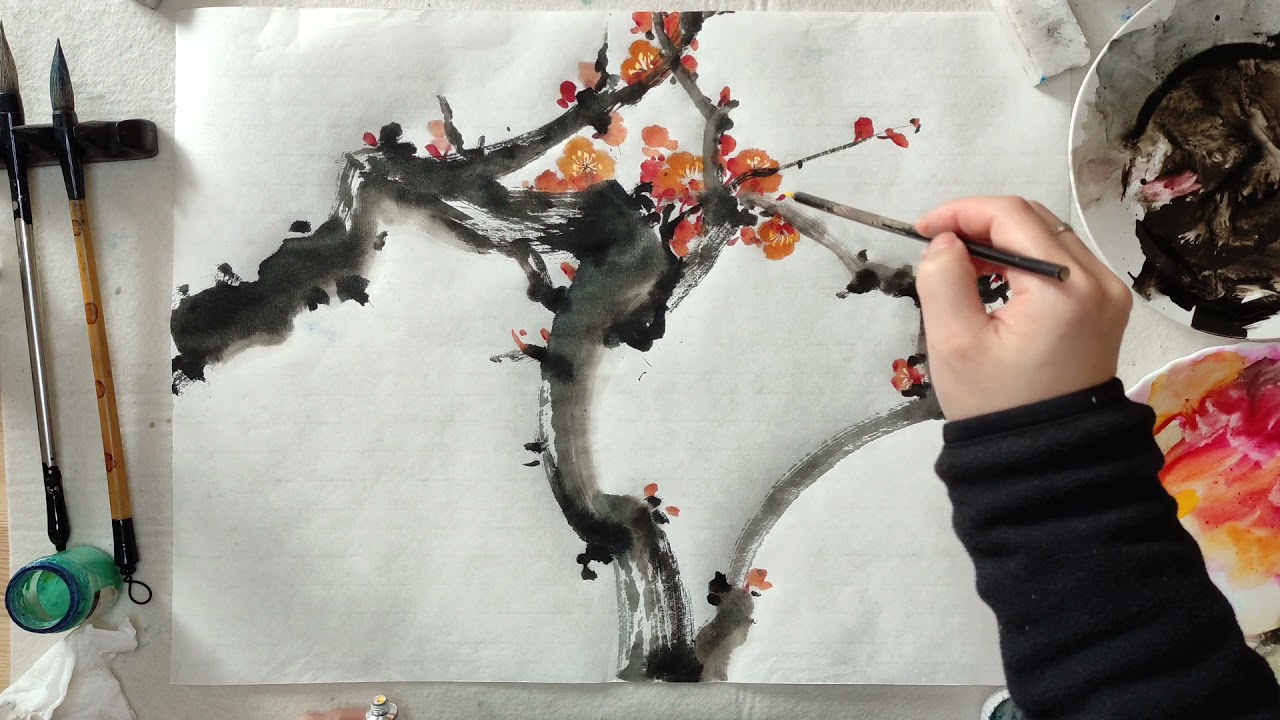 how to paint plum blossom in chinese brush painting/ sumie水墨画梅花