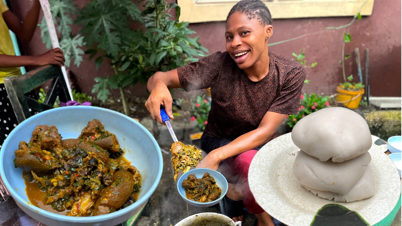 Nigerian Atama Soup Cooked the Traditional Village Way +Fufu