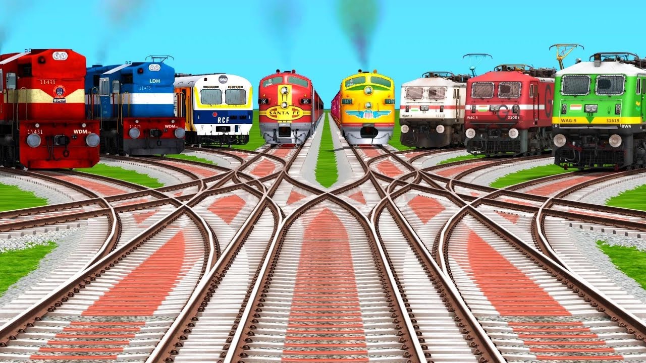 8 Trains At Railroad Crossings With Curved Branched Forked Railroad Tracks | train simulator game