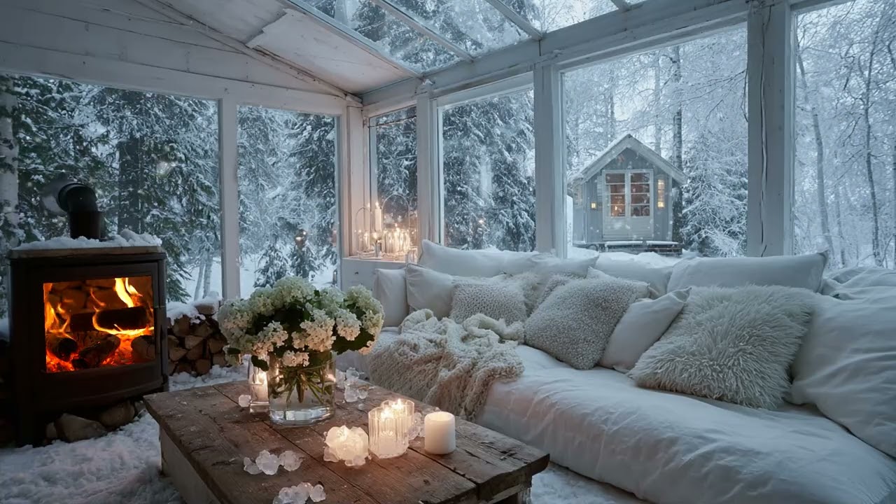🎹 White Lounge Snow Piano | Fireplace Warmth for 5 Hours | Relax Study Unwind Meditation Healing