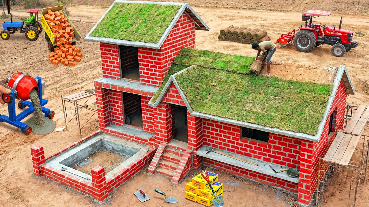 Amazing DIY Mini Brick House with Grass Roof Built Using Mini Tractor | Construction Science Project