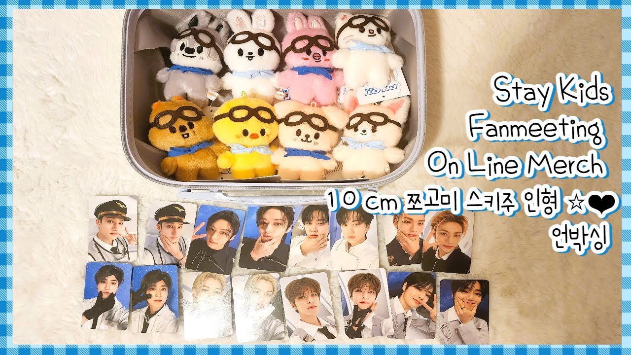 Stray Kids 3rd ★★★★★FAN MEETING [PILOT] 온라인 굿즈 언박싱 E.p.1  / 캐리어, 10 cm 귀요미 스키주 셋트 & 16 장 포카