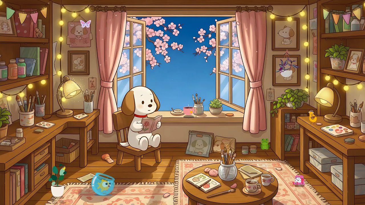 Cozy Spring Studio 🌸 Relaxing Lofi Puppy Beats For Art & Study 🎨 Warm Sakura Atmosphere