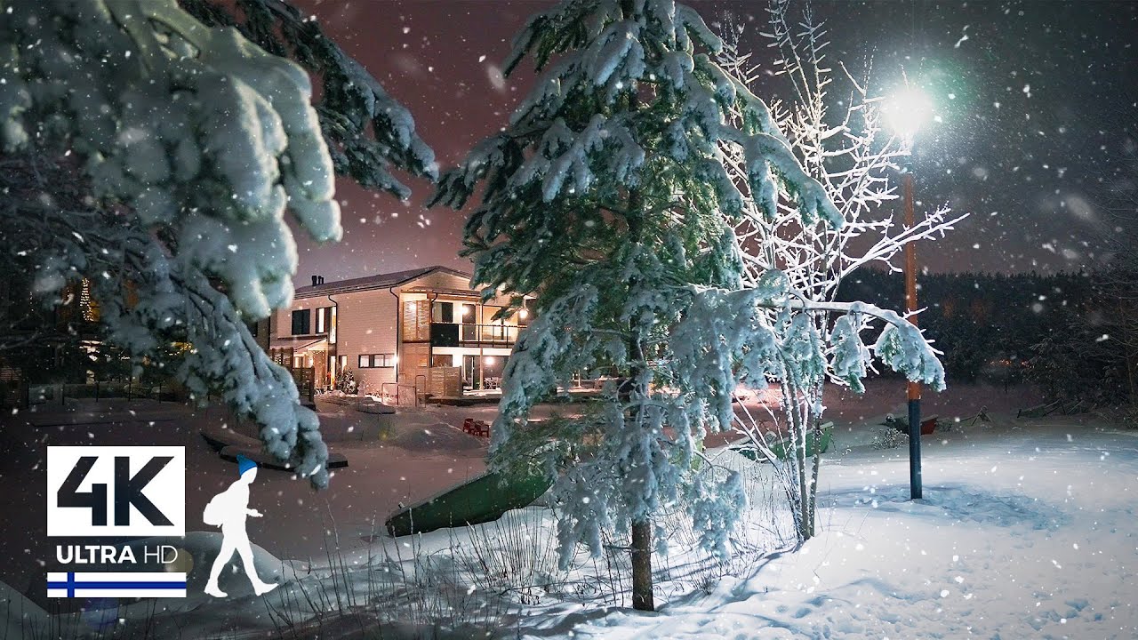 Celestial Snowfall Night Walk in the Suburbs of Finland - Slow TV 4K