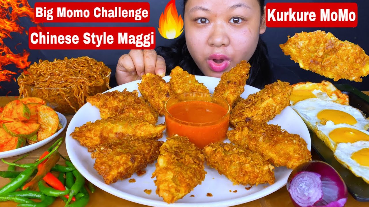BIG😳KURKURE MOMO CHALLENGE🥟CHINESE STYLE MAGGI🍝SPICY CHUTNEY WITH SUNNY SIDE UP EGG MUKBANG | ASMR