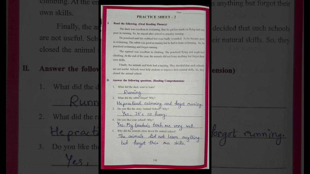 English FLN 3rd class 7th lesson The animal school worksheet no1-15and practice sheet 1-3 answers 25