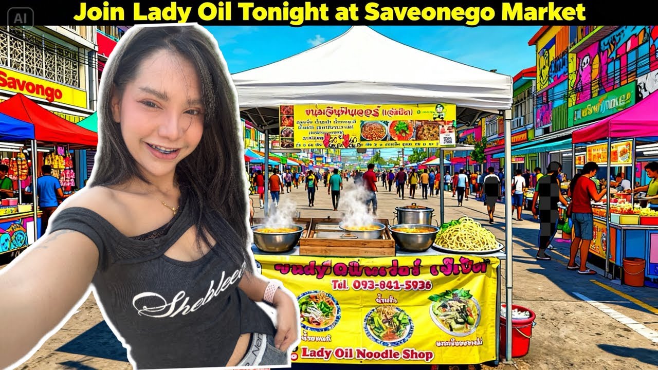 Live Save One Go Night Market Lady Oil Noodle Shop Thai Street Food