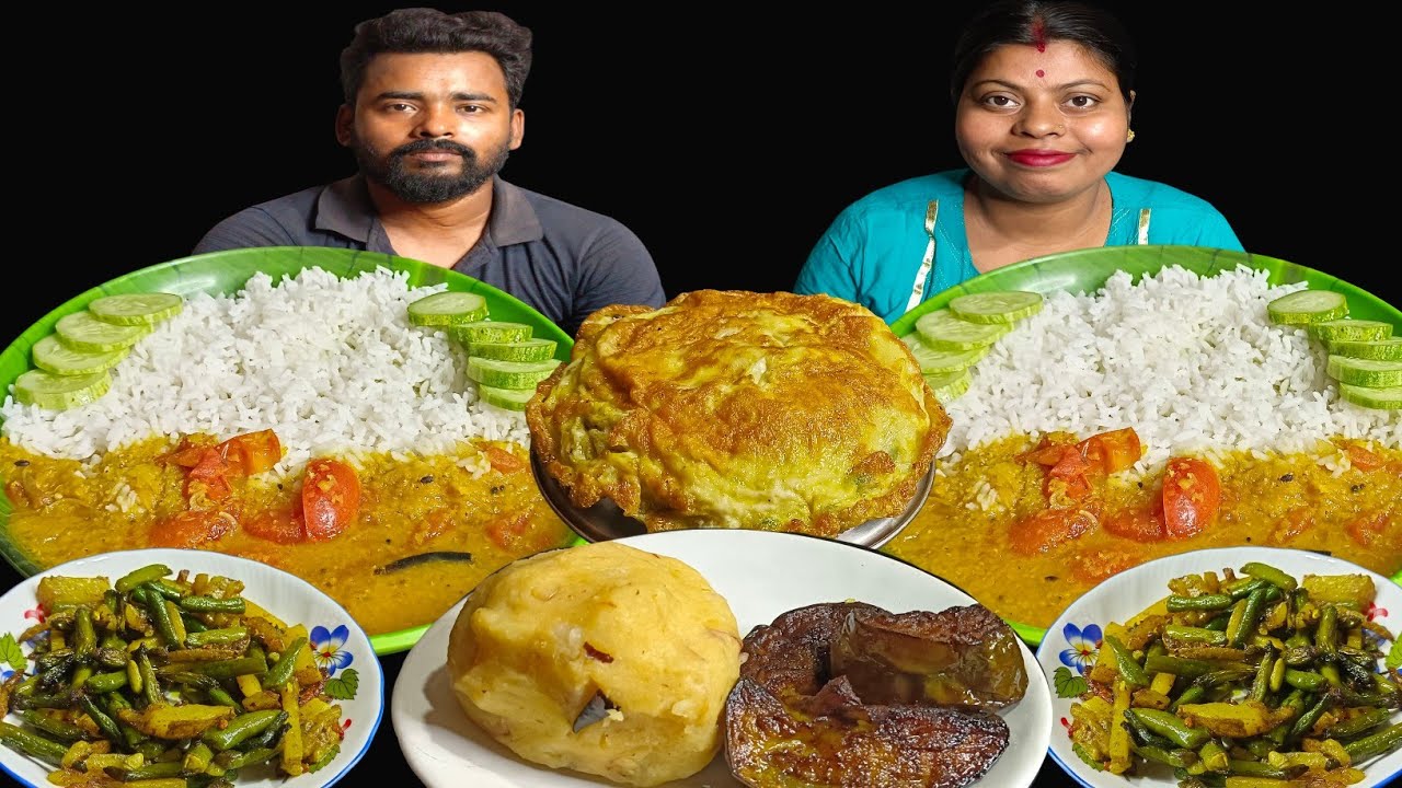 DAL BHAT ,ALOO BHARTA ,BRINJAL FRY ,DIM BAJA , ALOO LAFA BAJA EATING CHALLENGE//HUSBAND WIFE EATING 