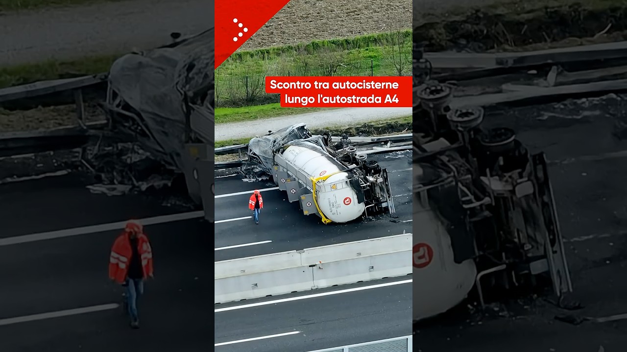 Incidente in A4, scontro tra due autocisterne. Una si ribalta e prende fuoco