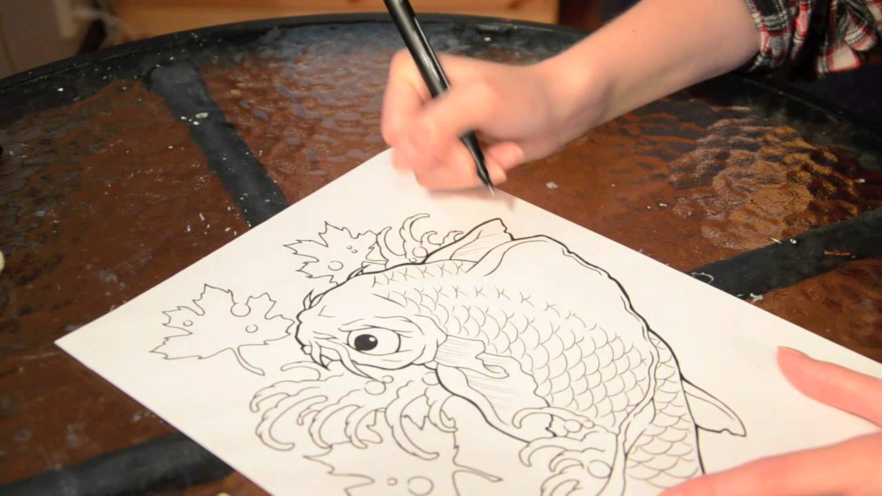 Speed painting - Koi fish tattoo design, black and grey