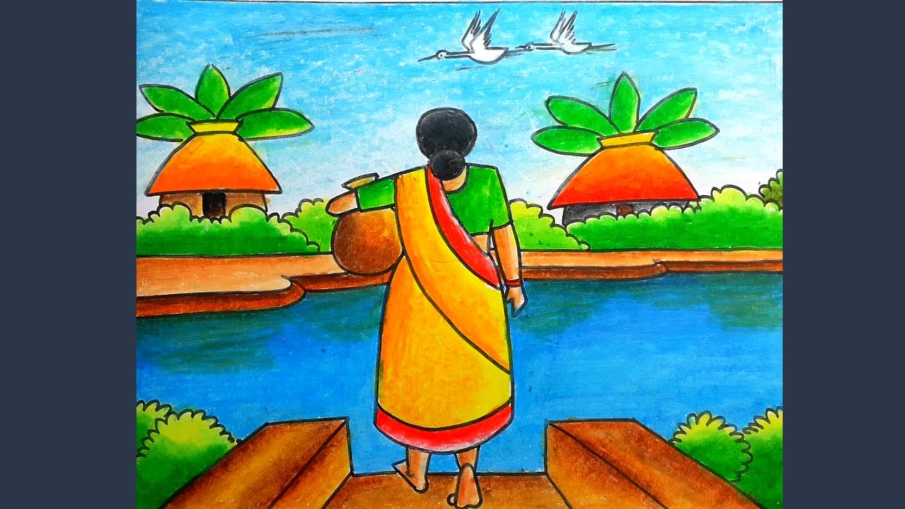 How To Draw Scenery Of Take Water From Pond | How To Draw Village Scenery With Take Water