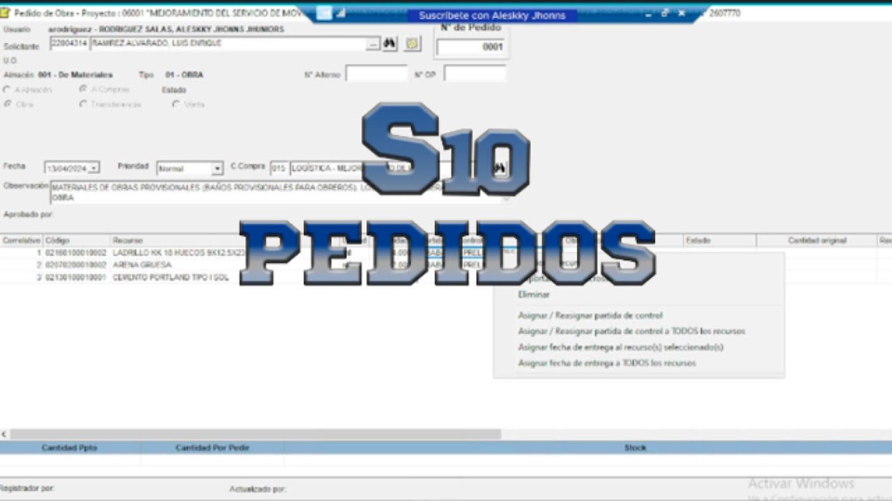 como hacer Pedidos Manuales de Materiales en S10 ERP | CONSTRUCCIÓN E INMOBILIARIA