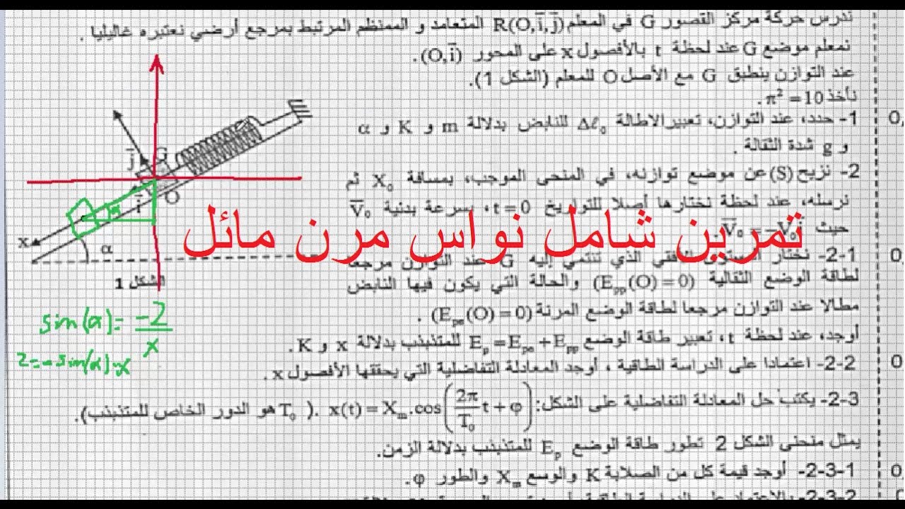 الثانية باك : الميكانيك تمرين مفصل لنواس المرن المائل من وطني