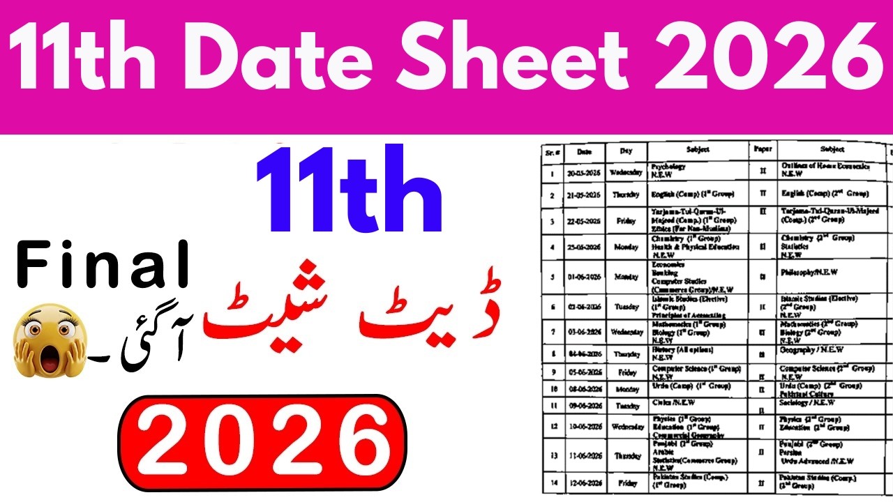 11th Class Official Date Sheet 2026 Punjab Boards | Class 11 Date Sheet 2026 | 1st Year Date Sheet