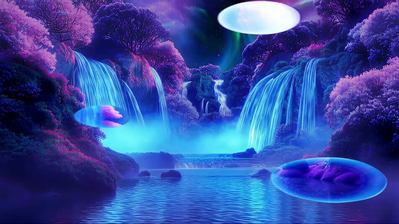 Neon Waterfall 🌌 Relaxing Ambient Nature Sounds | Deep Sleep, Study & Meditation